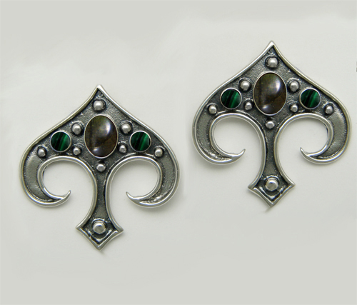 Sterling Silver Gothic Inspired Drop Dangle Earrings With Spectrolite And Malachite
